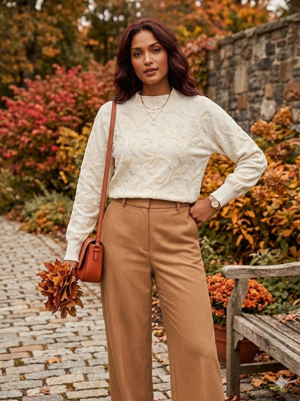 Anthropologie Cream and Light Beige Scroll-Pattern Crewneck Sweater